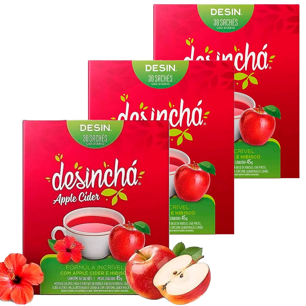 Kit 3 Caixas Desinchá Apple Cider Hibisco Original Suplemento Natural Ácido Acético Contém 30 Sachês