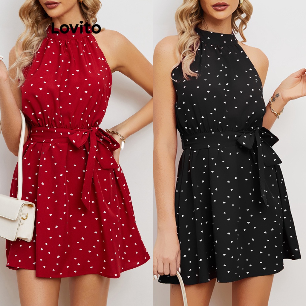 Lovito Vestido Casual De Bolinhas Franzido Com Cinto Para Mulheres LNE27234 (Multicolorido)