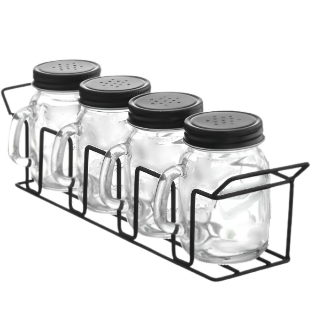 Jogo Porta Condimentos Organizador Temperos Com 4 Peças De Vidro 100 ML Suporte Ferro Preto  Wincy