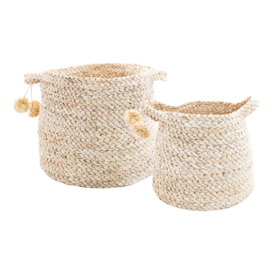 Kit 2 Cestos Decorativos Multiuso Redondo Em Fibra Natural Com Alça e Detalhe Pompom Organizador Sala Quarto Escritório Quarto Almofada Manta Objetos Trecos