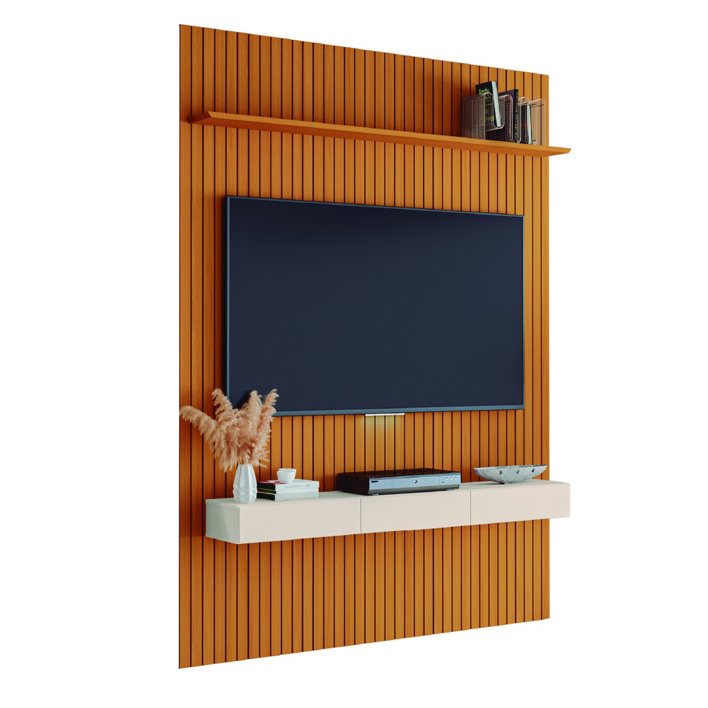 Painel para TV até 70 Polegadas 1,80x2,40m Ripado com Nicho Arbo Cedro/Off White EDN - Home & Living
