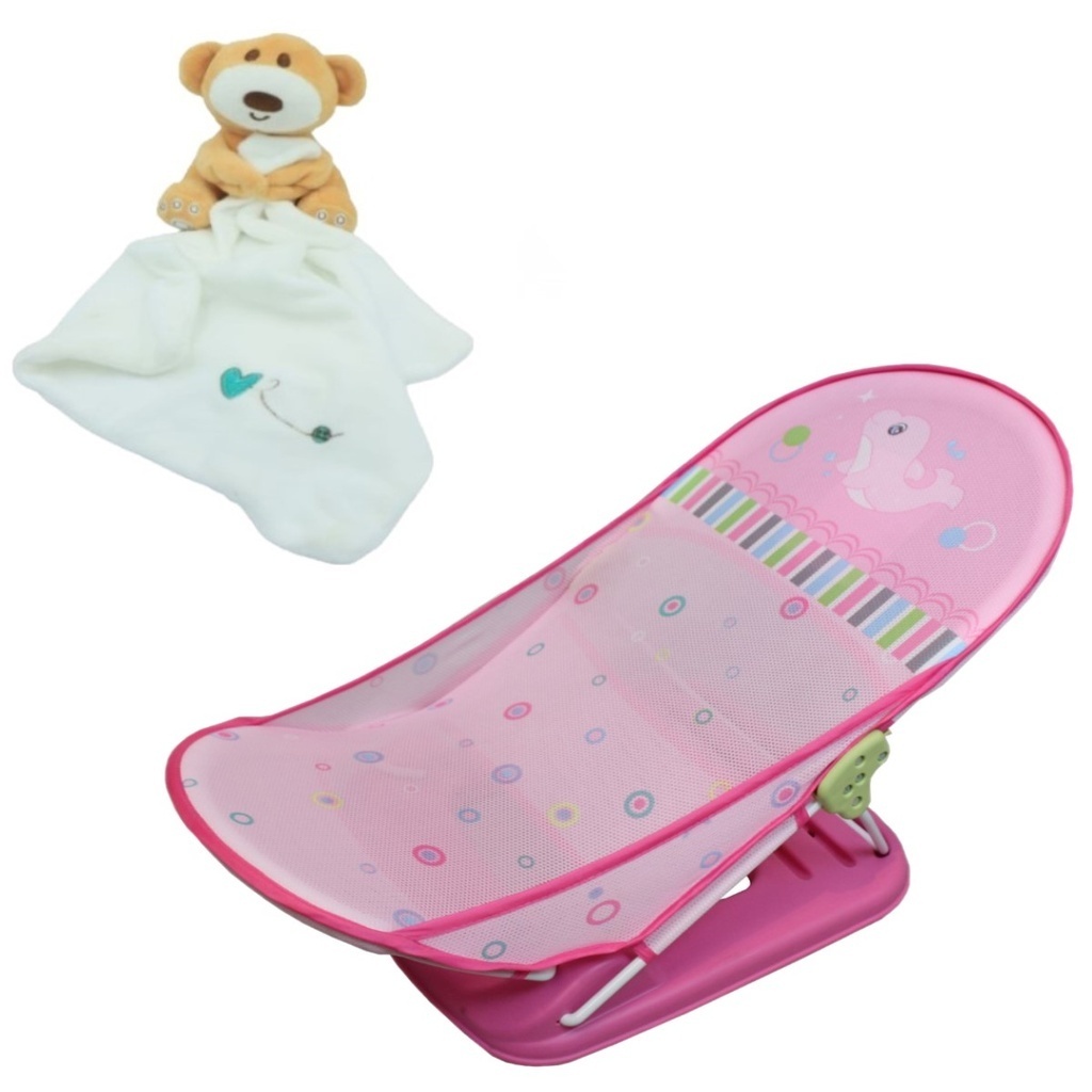 Cadeira Banheira Retrátil Infantil Rosa + Naninha Urso Manta