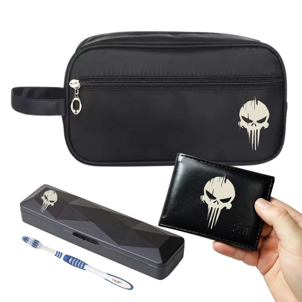 Kit Conjunto Nécessaire Nylon C/Carteira e estojo Caveira