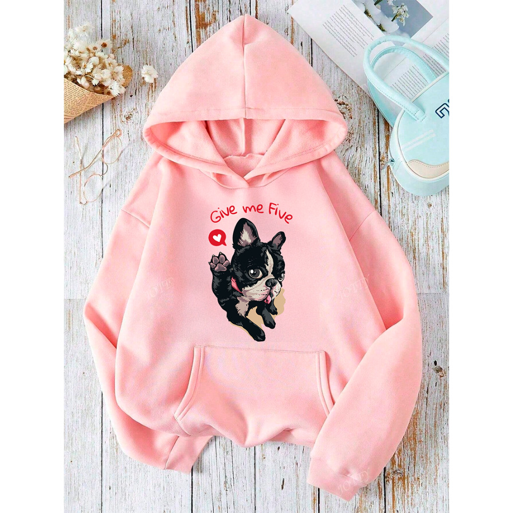 Blusa Moletom Feminino Casaco Flanelado Blusa de Frio Capuz Bolso Canguru Cachorro Pug