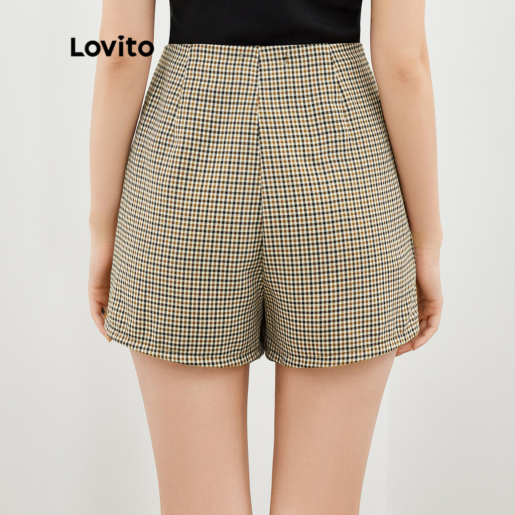 Detalhes do Lovito Shorts Casuais Xadrez Com Zíper Frontal Dividido Para Mulheres L47ED038 (Multicolorido)