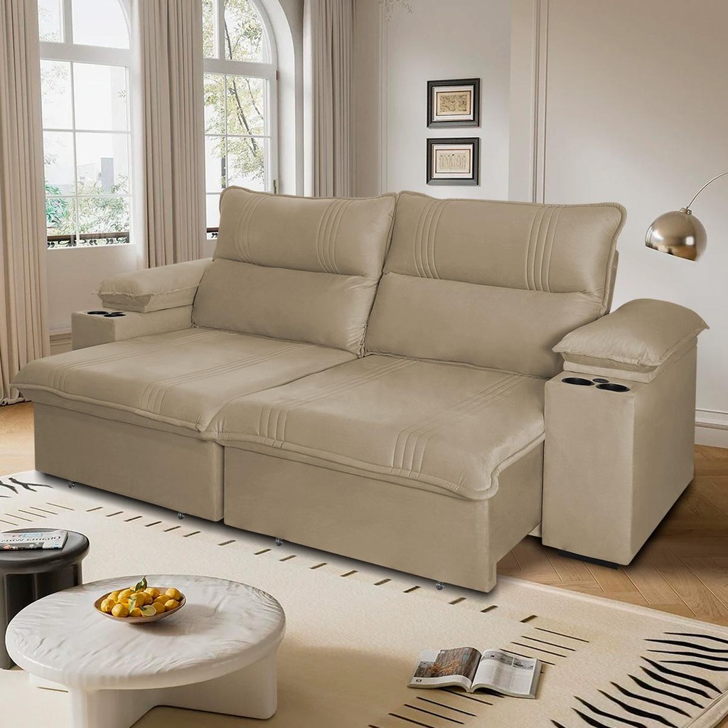 Sofá Retrátil Tesla 3,10m USB e Porta Copo Suede Bege em Oferta na Shopee