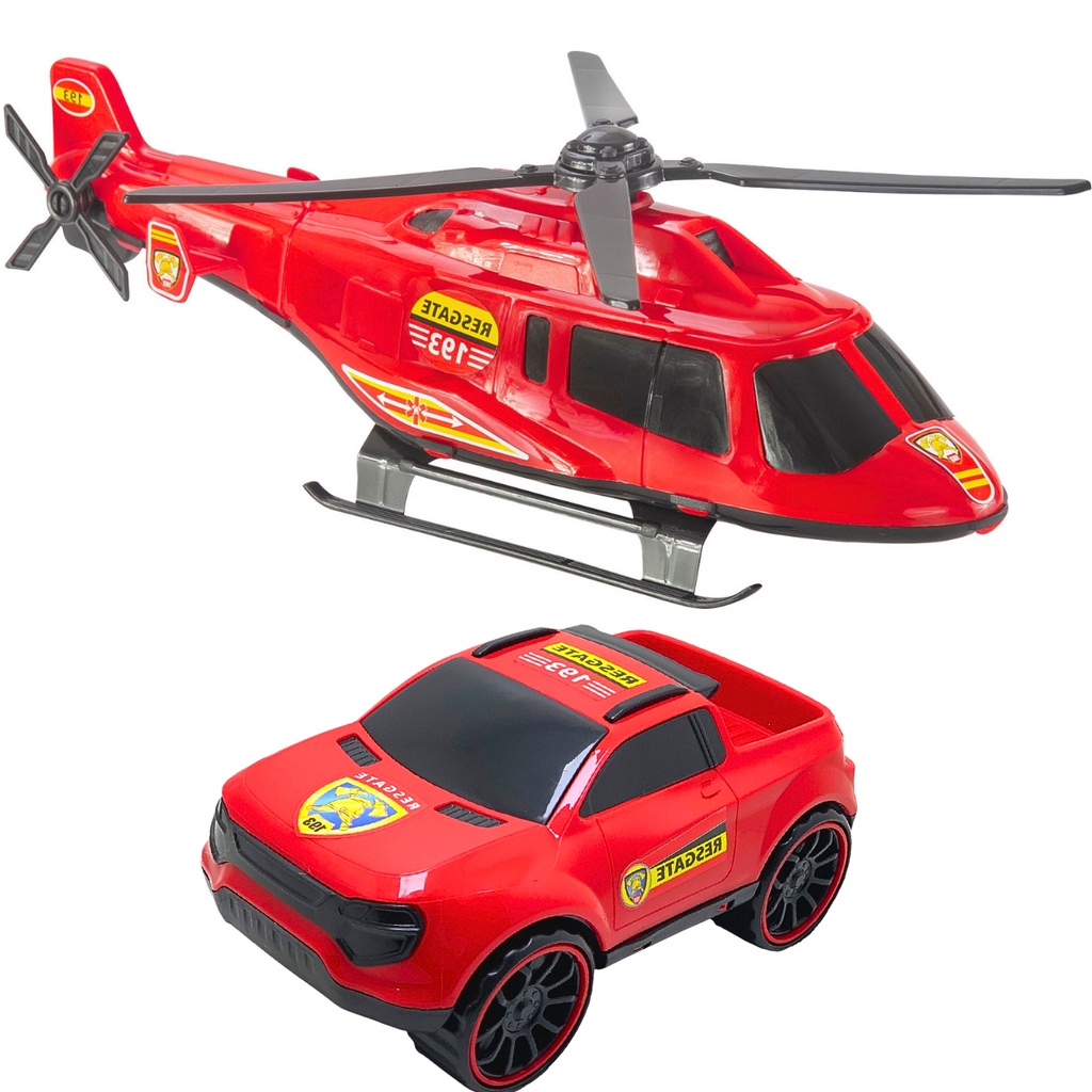 Kit 2 Brinquedos Carrinho Bombeiro Helicóptero Menino Infantil Brincadeira de Transporte Infantil
