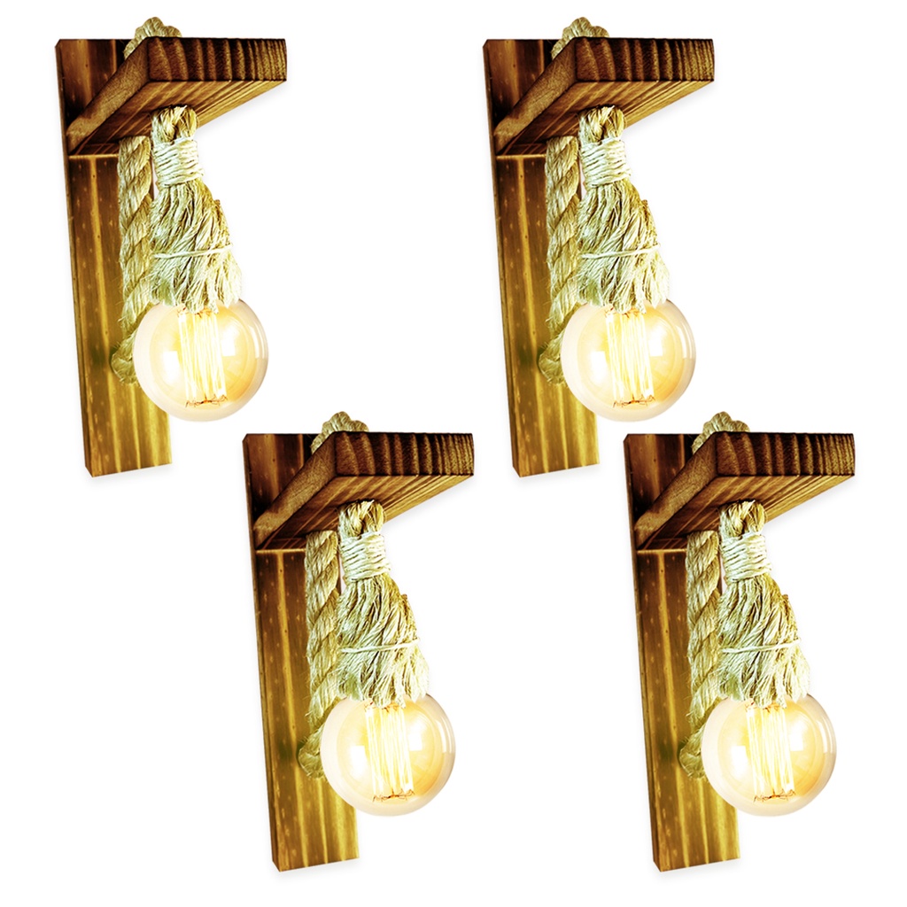 Kit 4 Arandela Luminária Parede Madeira Retrô Rústica Sisal