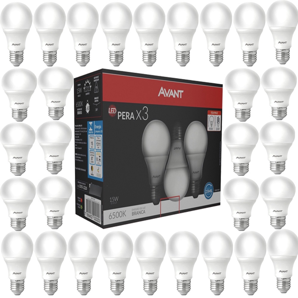 30 Lâmpada Pera Bulbo Soquete E27 Luz Branca 15w Bivolt Pack 3Uni Avant
