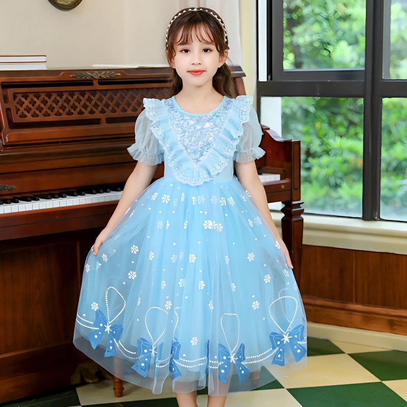 Meninas 8 verão estilo ocidental elsa vestido de princesa crianças 2 elsa vestido de manga curta vestido de gaze fofo
