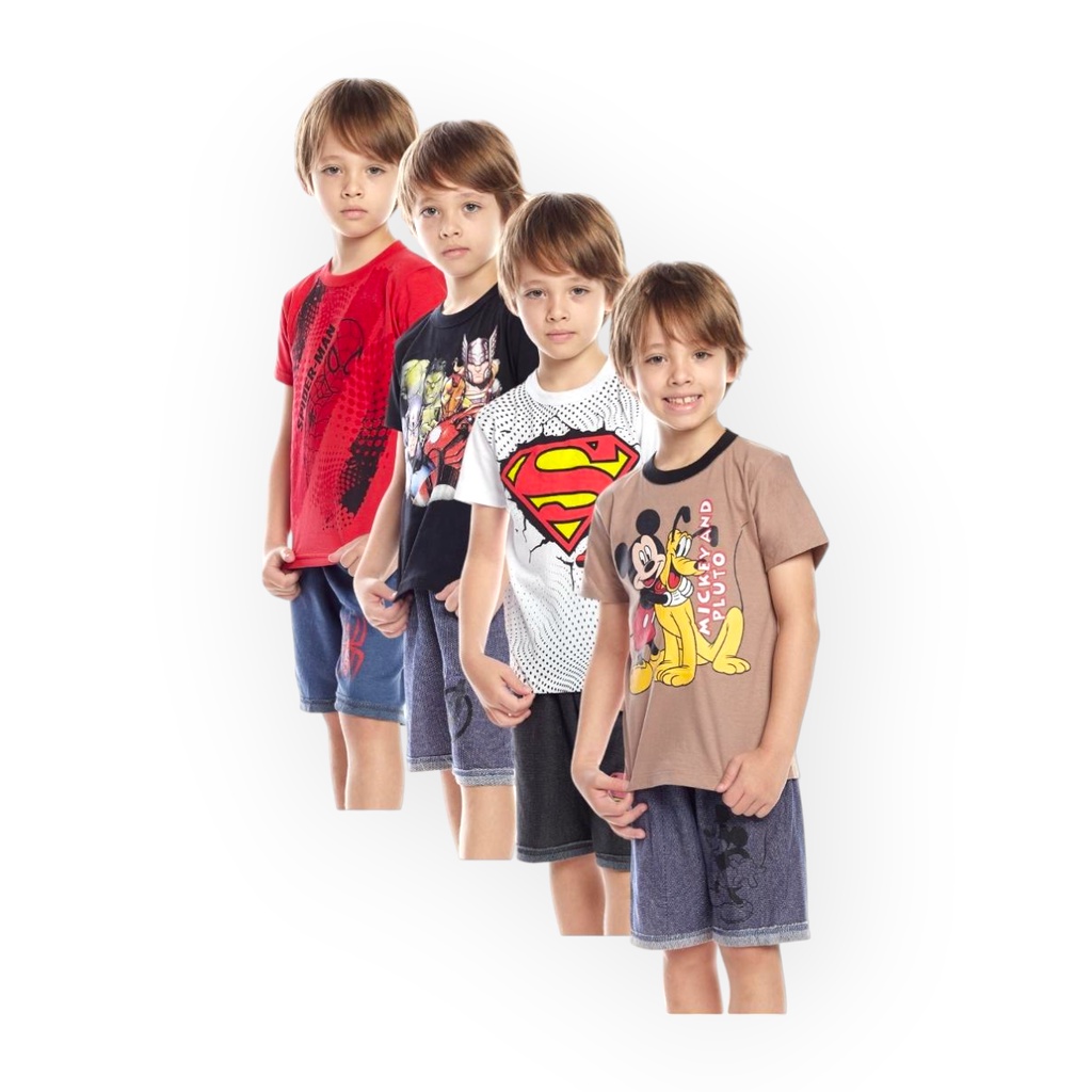 KIT 8 CONJUNTOS MENINO MENINA SHORTS MOLETINHO E CAMISETA ALGODÃO VERÃO PERSONAGENS PRINCESAS