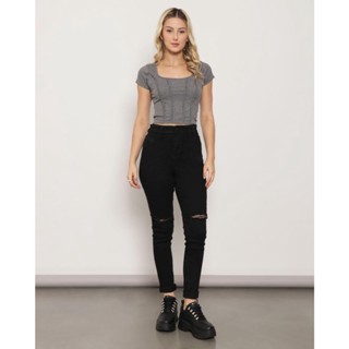 Calça Jeans Feminina Skinny Destroyed Preta