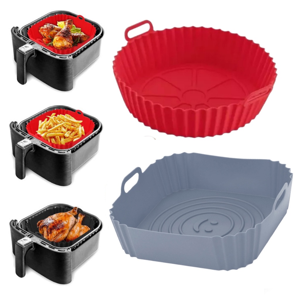Imagem Kit 02 Formas de Silicone Quadrada e Redonda Assadeira Air Fryer e Forno Forma para Fritadeira Elétrica com Alça