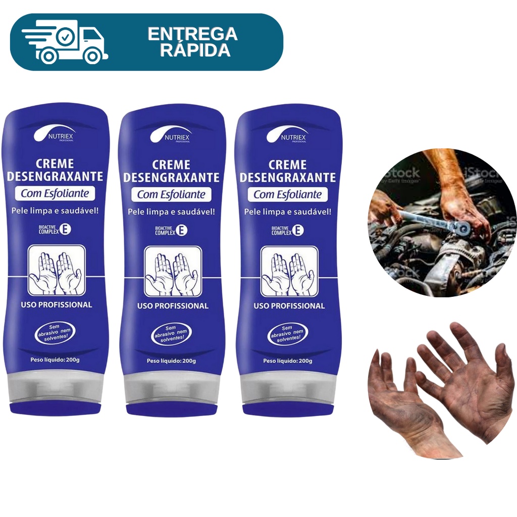 Kit 3 Creme Desengraxante Com Esfoliante 200g Nutriex Limpeza Das Mãos Remove Graxa Óleo Poeira Pó