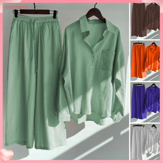 [NP] 2Pcs/Set Lapela Manga Longa Casual Roupa De Cintura Elástica De Um Peito Bolsos Cor Sólida Camisa De Perna Reta Conjunto De Calças Compridas