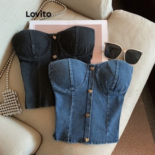 Lovito Top Jeans Casual De Metal Liso Para Mulheres LNE36115 (Azul Escuro/Preto)