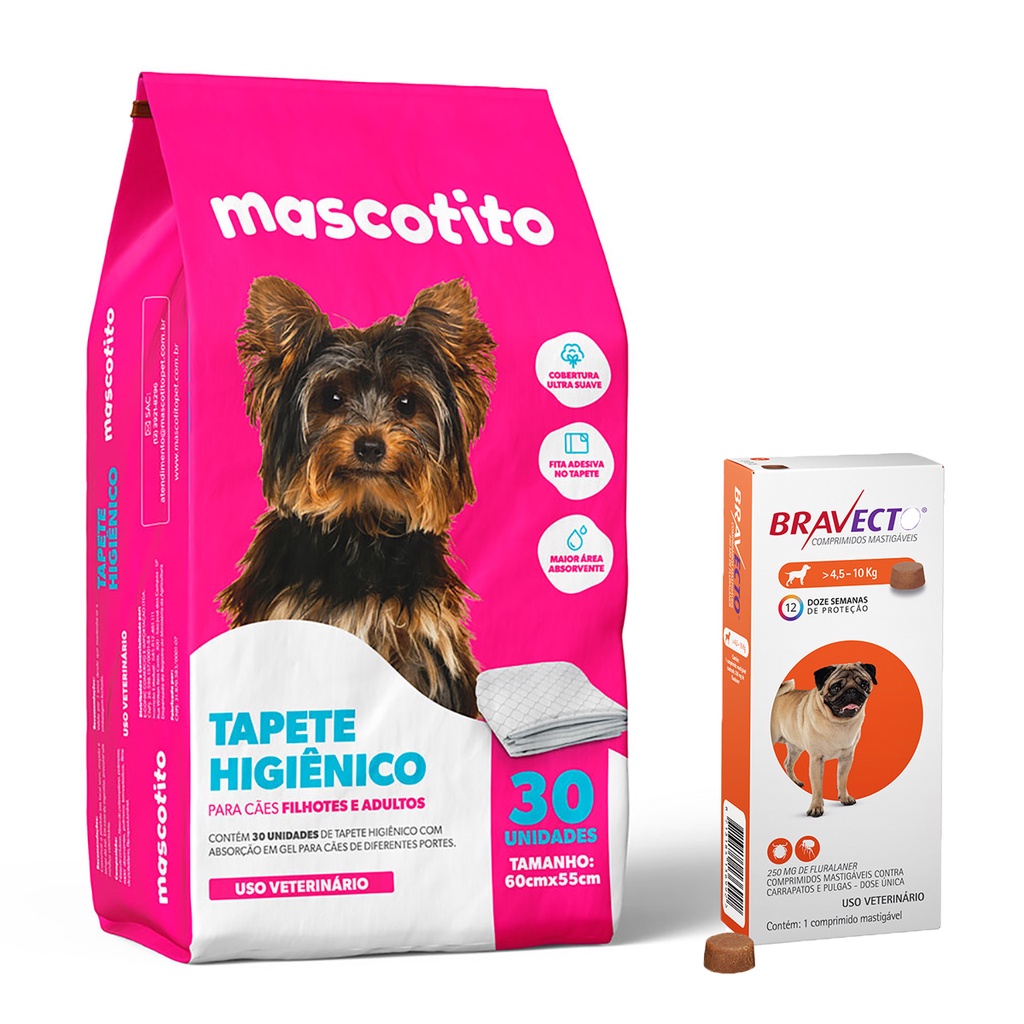 Antipulgas e Carrapatos Bravecto 4,5 a 10kg + Tapete Higiênico Mascotito 30 UN em Oferta na Shopee