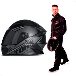 Capacete Moto Fechado Grafite R8 Pro Tork Fundo Preto Diversos Tamanhos + Capa de Chuva PVC Pioneira em Oferta na Shopee