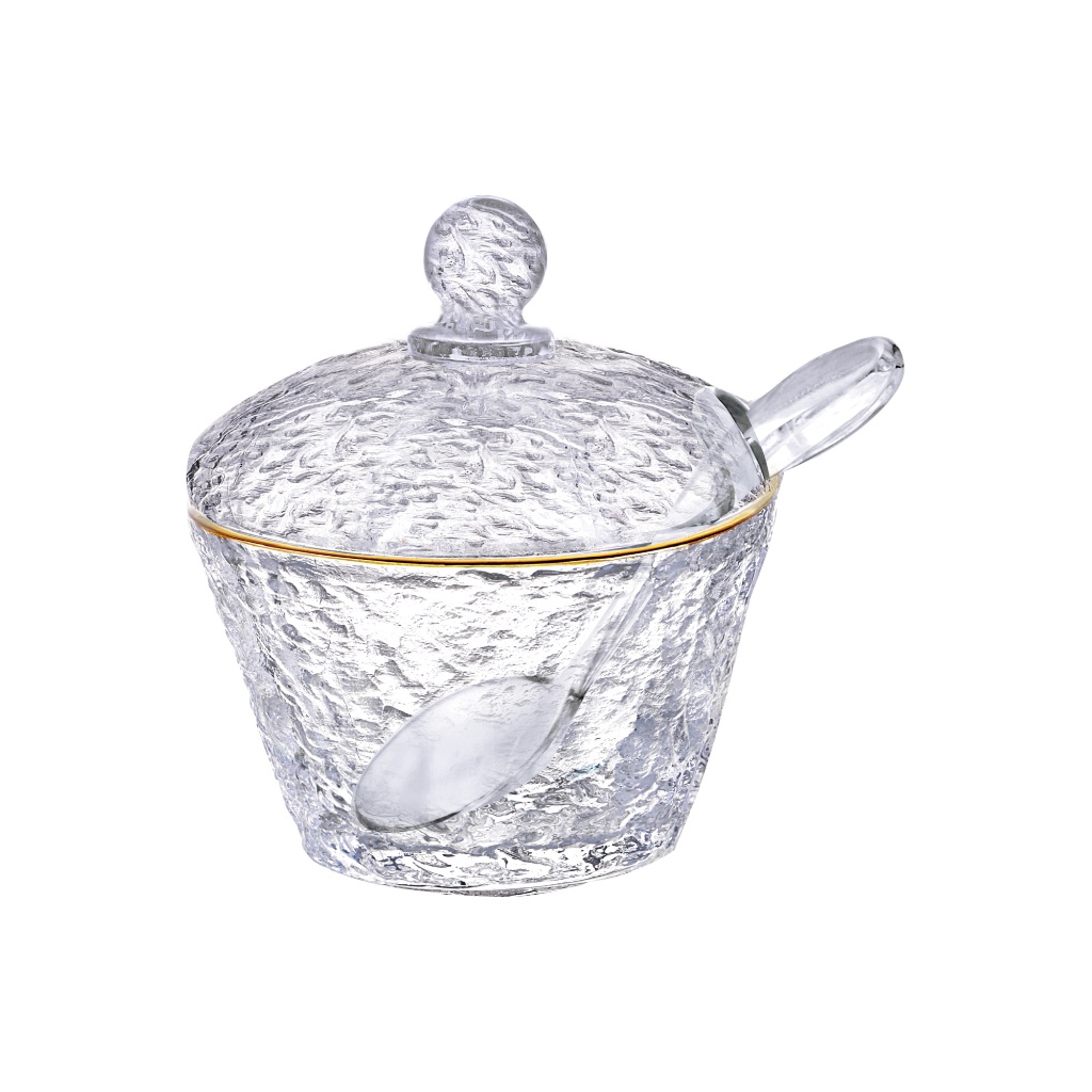 Açucareiro de Cristal de Chumbo Martelado Borda Doura com Colher e Tampa Petra 10cm Lyor