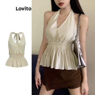 Lovito Casual Blusa Feminina Lisa Básica com Laço Frontal L67AD044 (Damasco)