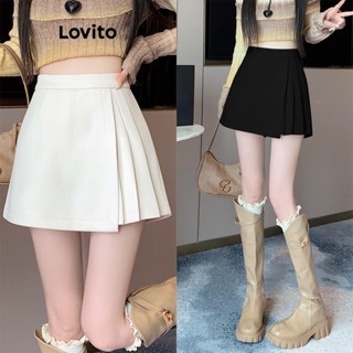 Lovito Shorts Assimétricos Pregueados Lisos Casuais Para Mulheres LNE38203 (Branco/Preto)