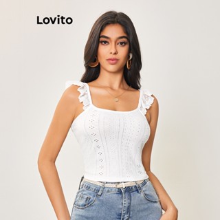 Lovito Casual Blusa Feminina Lisa com Renda Costura e Ilhós Bordados LBA05170 (Branco)