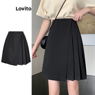 Lovito Elegante Saia Feminina Lisa Plissada L68ED097 (Preto)