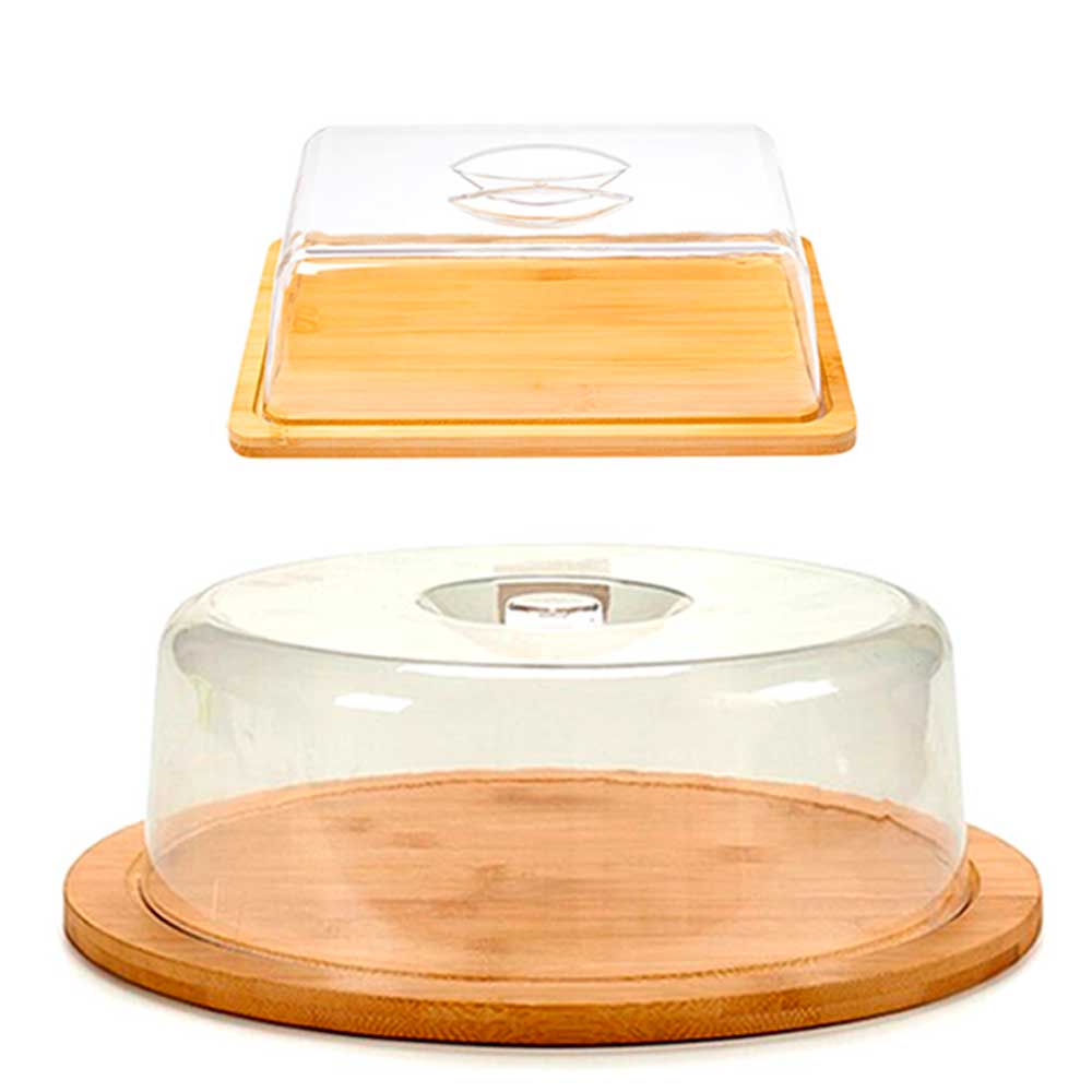 Kit porta frios e boleira bolo bambu cozinha geladeira  armazenar alimentos mesa café frutas tortas doces pães queijos