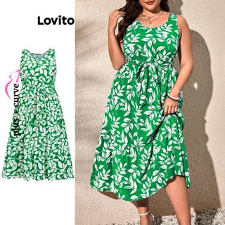 Lovito Vestido Boho Tropical com Franzidos e Cinto de Tamanho Grande para Mulheres LBL06124 (Verde)