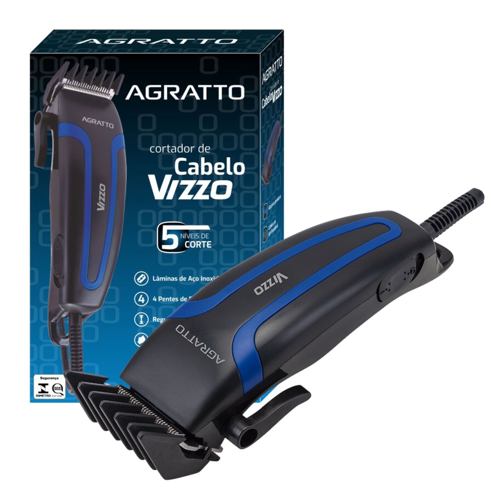 Maquina De Cortar Cabelo Agratto Vizzo 220v Silenciosa Com Pentes E Tesoura Kit Original