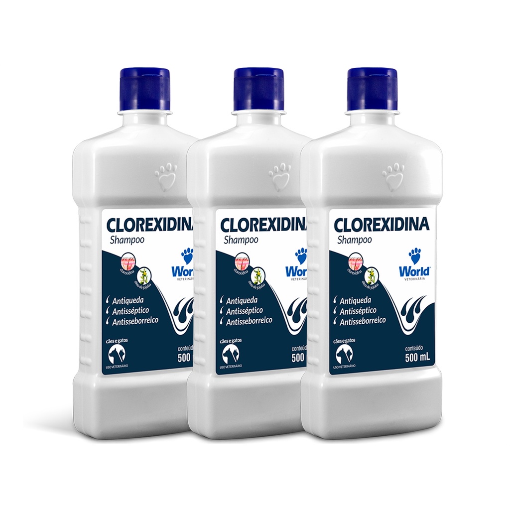 Shampoo Clorexidina para Cachorro e Gato Antisseborreico antisséptico World Veterinária Pet 500ml - 3 Unid - Pet shop