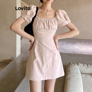 Lovito Elegante Vestido com Babado, Botões Duplos e Manga Bufante para Mulheres LNE20049 (Rosa Claro)