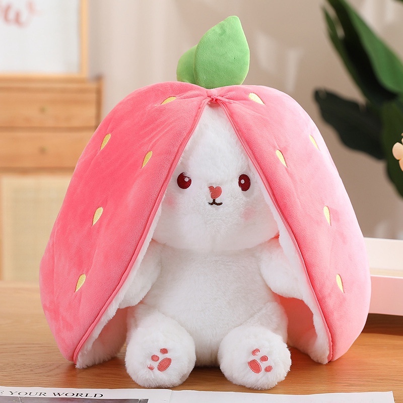 25cm Beinto Easter Bunny Plush Toy, Cenoura/Morango Almofada, Reversível Zipper Coelho Recheado Travesseiro com Orelhas de Coelho para Aniversário e Presente de Páscoa para Crianças