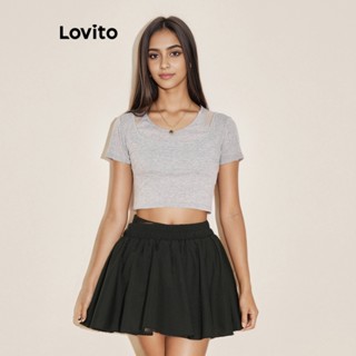Lovito Camiseta 2 em 1 de Tecido Liso para Mulheres L61AD046 (Cinza/Preto)