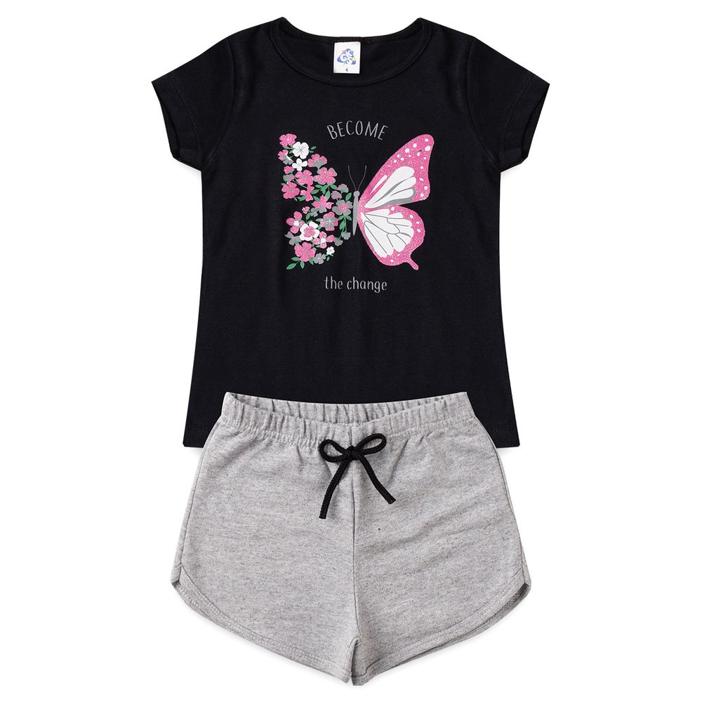 Conjunto de Verão Infantil Roupa Menina Blusa Borboleta Meia Malha Algodão Shorts Moletinho Confortável Liso