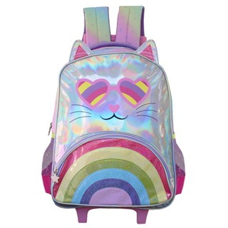 Mochila Infantil De Rodas Gatinha Holográfica Meninas Denlex