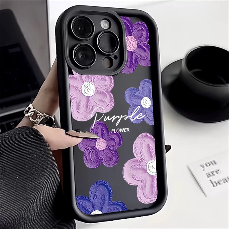 Arte Óleo Tinta Flores Roxas Caixa Telefônica Para Samsung Galaxy A54 A34 A14 5G A15 A25 A35 A55 A33 A53 A32 A52 A52S A23 A13 Marca De Tendência Capa Floral Fresca