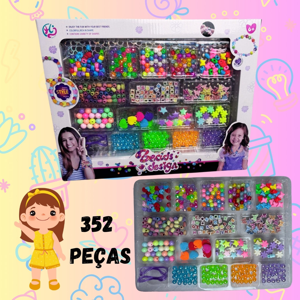 Kit Miçangas Para Fazer Pulseira Infantil Estrela Colorida 350 Peças Bolinhas Bijuteria Colar