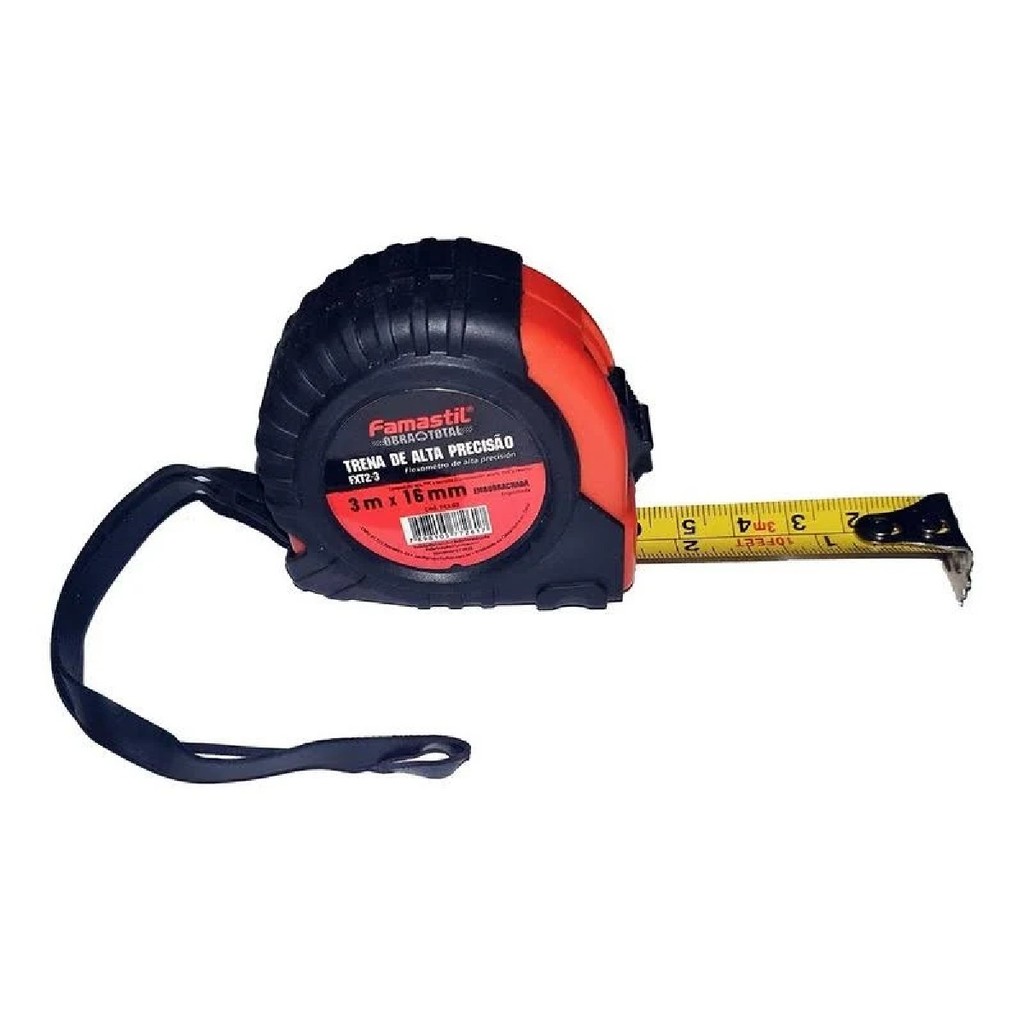 Trena Emborrachada Famastil 3m x 16mm com Trava T2-3 Fita Aço Medição Precisa Alta Durabilidade