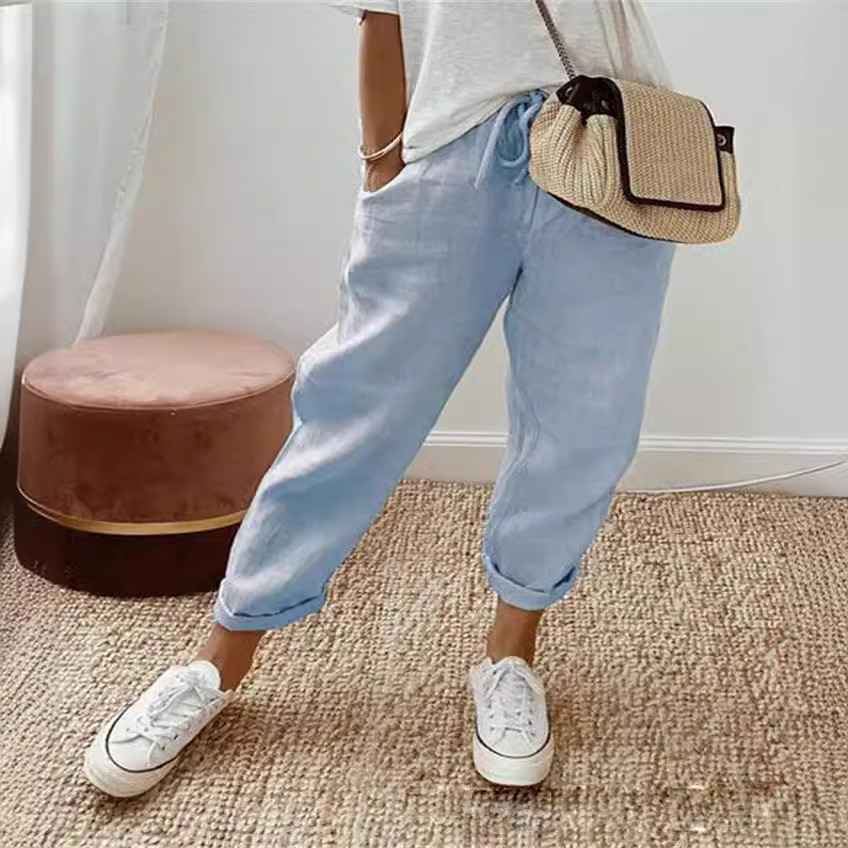 Calça Feminina De Algodão E Linho , Casual Com Bolsos Básica Simples Respirável