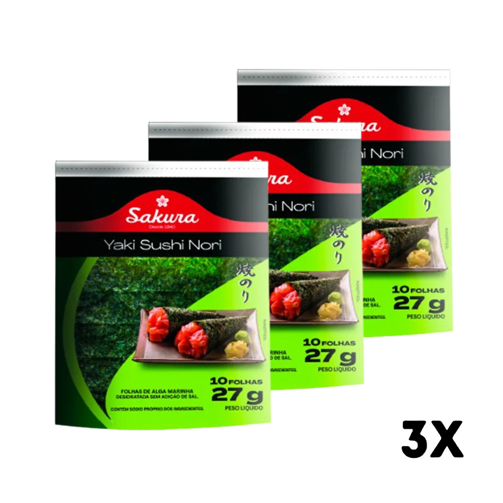 Kit Com 3 Alga Marinha Nori Para Sushi e Temaki Com 10 Folhas Sakura 27g