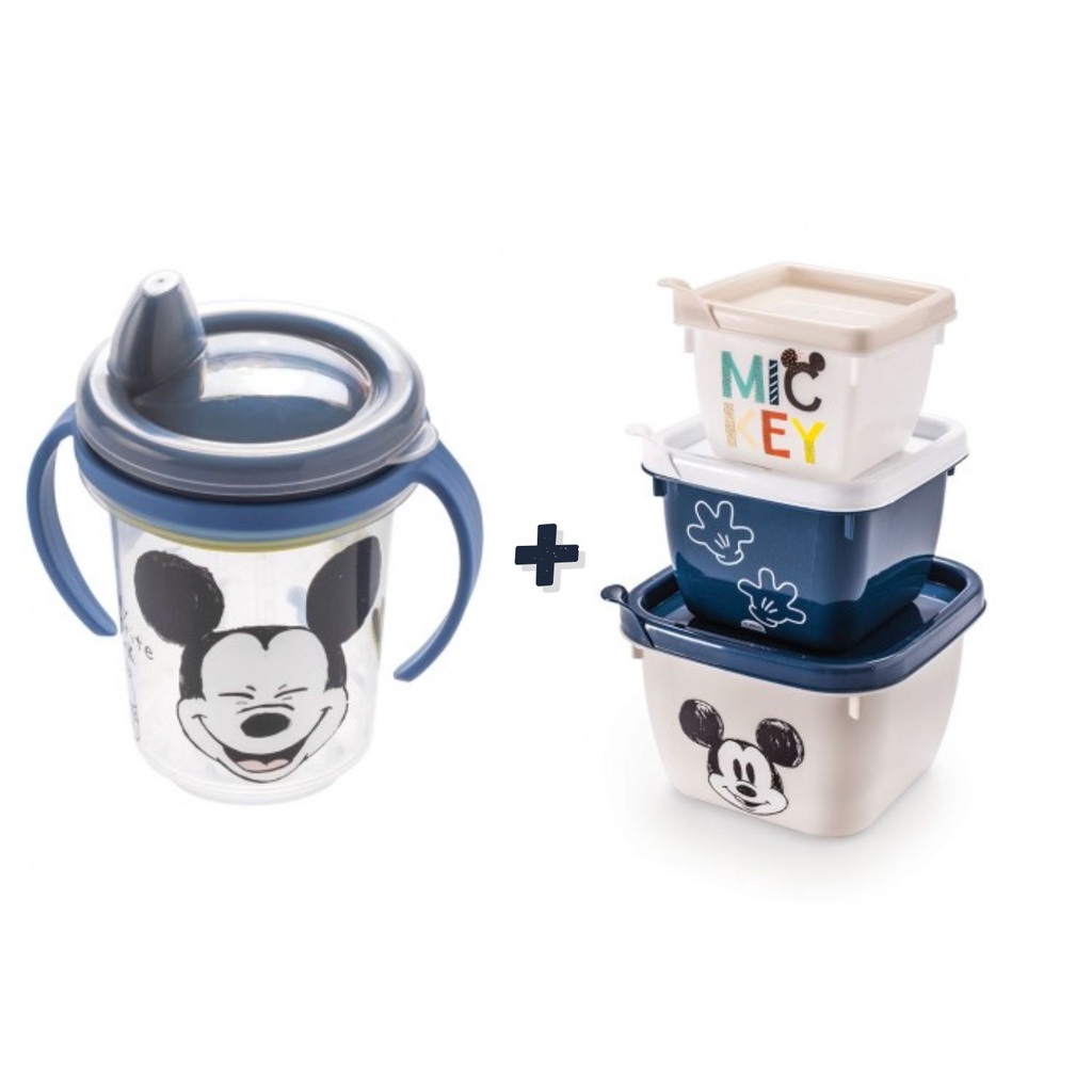 Kit Lanche Infantil Copinho com Alças + 3 Potes Plásticos Vasilha Para Lanche Mickey Azul