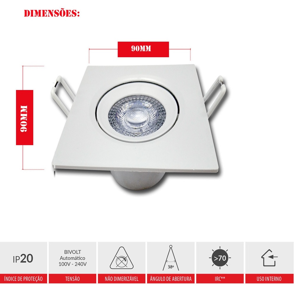 Detalhes do 3 Spot Led 5w Embutir Quadrado Luz Branco Frio 6500K Bivolt Avant