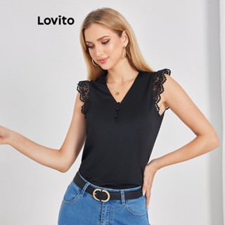 Lovito Camiseta com Botões Frontais Básica para Mulheres LBE04020 (Preto)