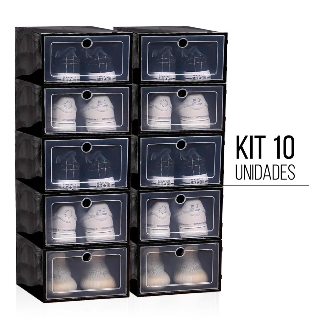 Kit 10 Caixa Organizadora Sapateira Sapato Tenis Empilhavel Preta(ATENCAO, NOSSO ANUNCIO NAO TEM VIDEOS!)