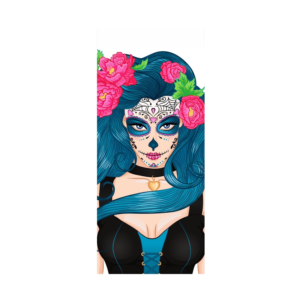 Adesivo Decorativo Porta Caveira Mexicana Tons Azul Flores