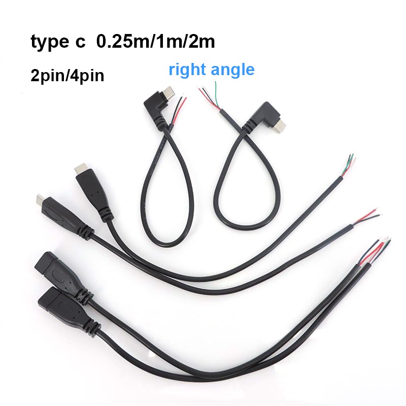 USB 2.0 Tipo C Macho Fêmea 0.25/1/2m 2 4 Núcleos Pino Fio Alimentação Data Cabo De Carregamento Ângulo Reto Conector Ext