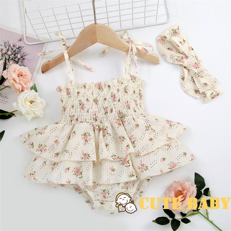 Eph-Macacão Infantil Bebê sem Mangas Floral de Verão para Meninas com Faixa de Cabeça com Laço,0-24 Meses em Oferta na Shopee