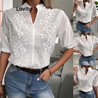 Lovito Casual Blusa A-Line com Renda Simples para Mulheres LNE21087 (Branco)