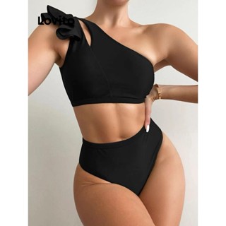 Lovito Conjuntos De Biquíni Elegantes Com Babados Lisos Para Mulheres LNL37118 (Rosa Choque/Preto)